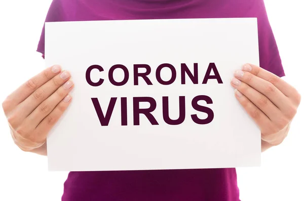 Дівчина Тримає Білий Аркуш Паперу Текстом Corona Virus — стокове фото