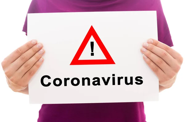 Jente Med Hvitt Papir Ark Med Tekst Corona Virus – stockfoto