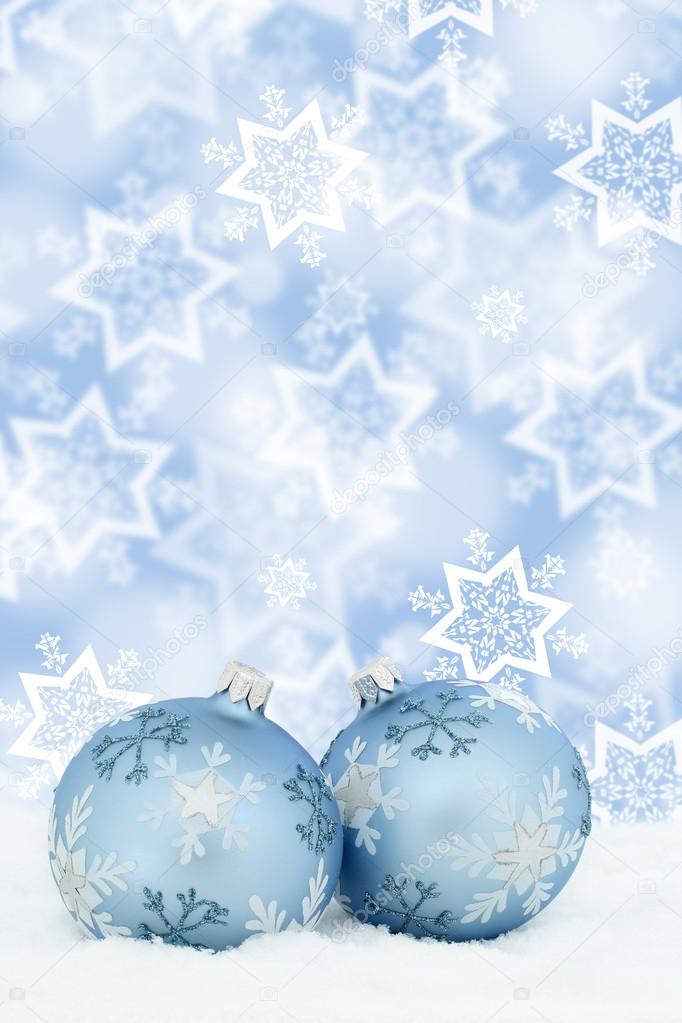 Christmas card balls baubles blue background winter snow decorat