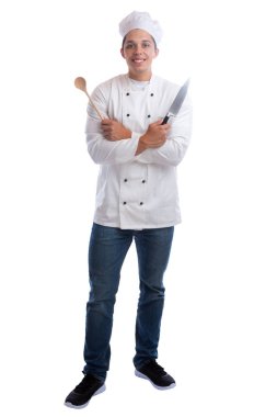 Çırak yemek tam ayakta bıçakla pişirme stajyer vücut jo