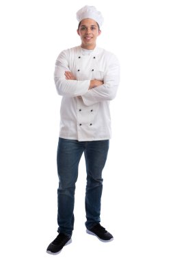 Çırak stajyer iş genç adam ayakta isol ile yemek pişirmek