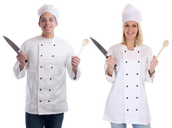 Cook apprentice trainee trainees cooks cooking with knife spoon — Stock Photo, Image