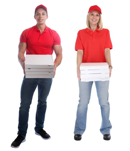 Pizzabote Mann Frau Auftrag Delivery Job jung Ganzkörper ist — Stockfoto