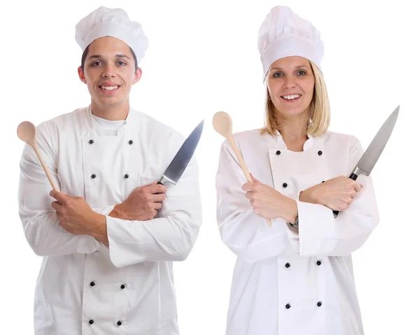 Koka lärling trainee praktikanter kockar matlagning med kniv jobb yo — Stockfoto