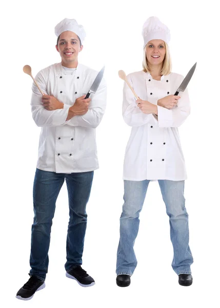 Aprendiz cocinero en prácticas cocineros cocineros de pie cocina de cuerpo completo —  Fotos de Stock