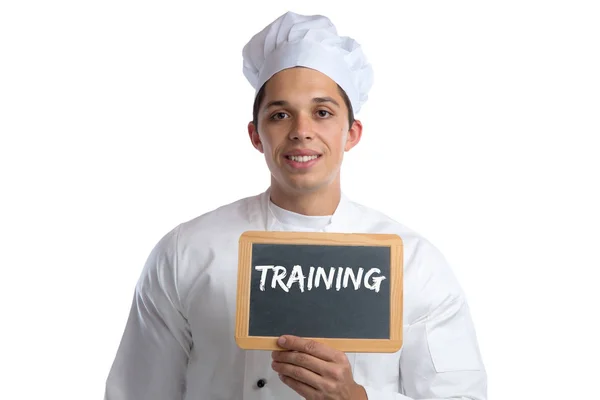 Treinamento cozinheiro aprendiz estagiário cozinhar trabalho jovem isolado — Fotografia de Stock