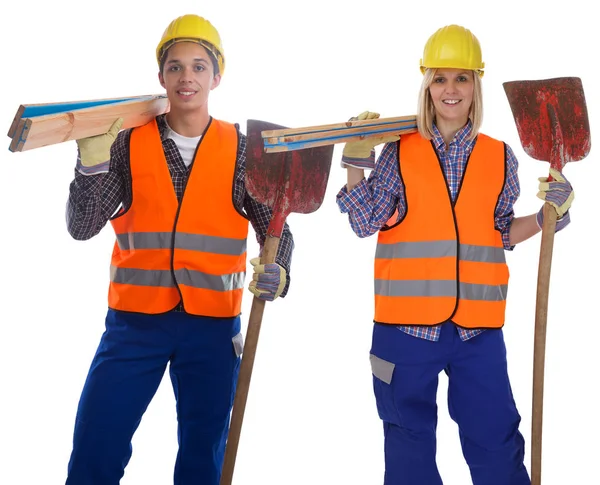 Mladí stavební dělník dělníky muž žena práci, samostatný — Stock fotografie