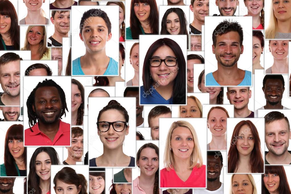 Background collage group of multiracial young smiling happy peop