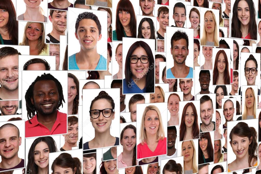 Background collage group portrait of young smiling many people