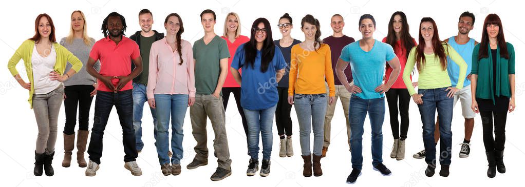 Large group of smiling standing young people happy multi ethnic