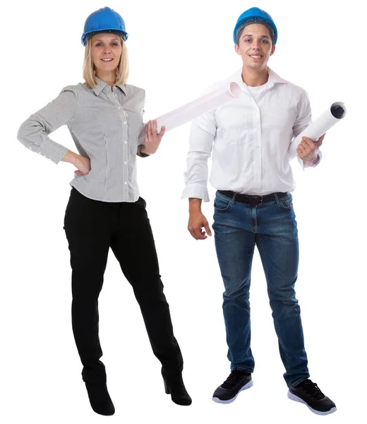 Young architects with plan standing full body occupation job iso — Stock Photo, Image