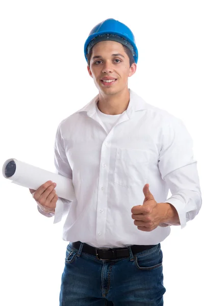 Young architect with plan thumbs up occupation job isolated — Stock Photo, Image