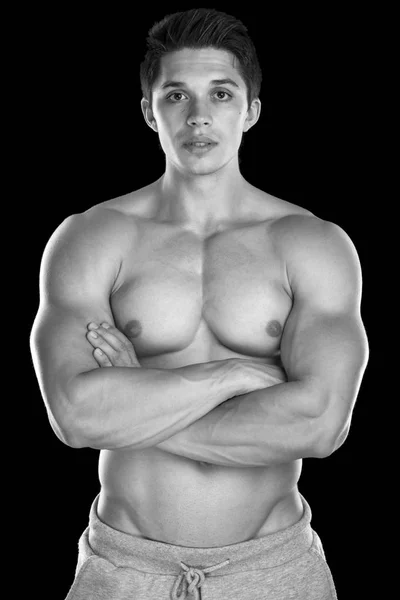 Fisiculturista músculos musculação forte muscular preto e branco — Fotografia de Stock