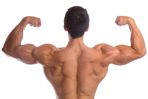 Musculação fisiculturista músculos flexores posando de volta bíceps stro — Fotografia de Stock
