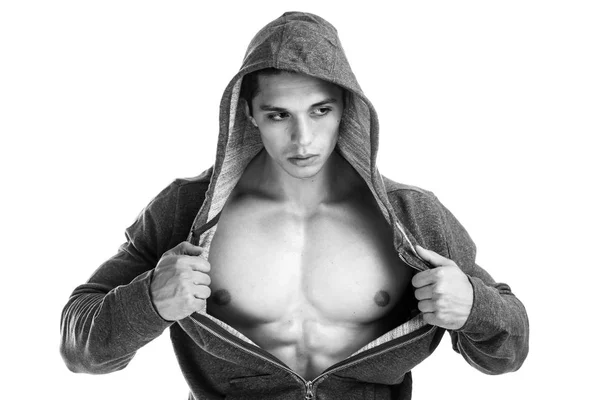 Bodybuilder strong muscular young man hoodie muscles black and w — Stock Photo, Image