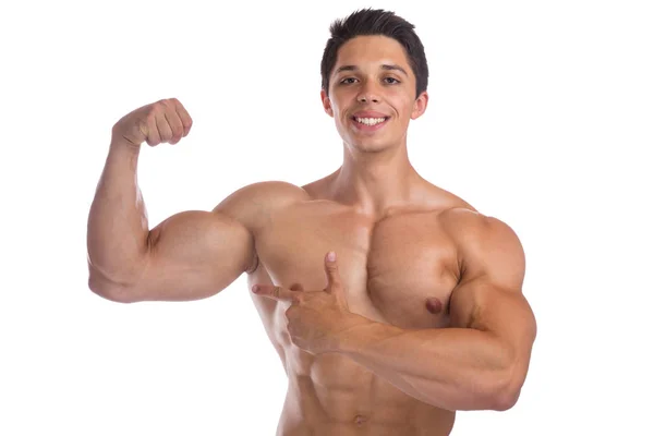 Músculos bíceps fisiculturista musculação flexionando muscular forte — Fotografia de Stock