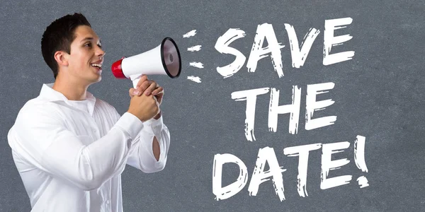 Save the date invitation message information young man megaphone — Stock Photo, Image