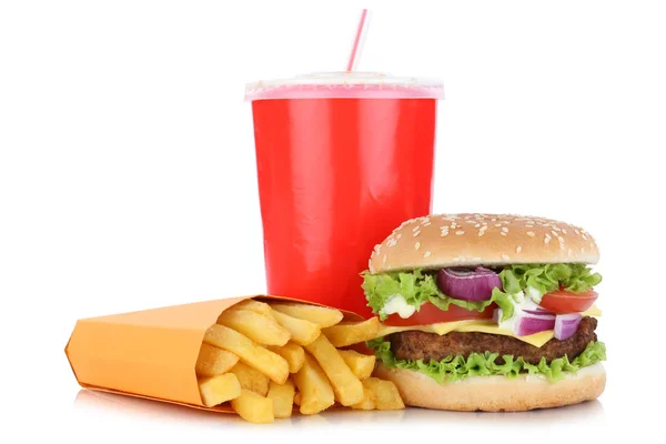 Hamburguesa con queso hamburguesa y patatas fritas menú comida combo bebida aislada — Foto de Stock