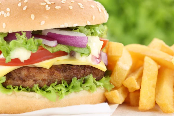 Чизбургер с гамбургером и картошкой фри крупным планом. — стоковое фото