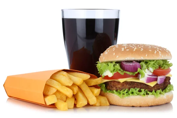 Çizburger hamburger ve kızarmış patates menü yemek açılan kola DRI — Stok fotoğraf