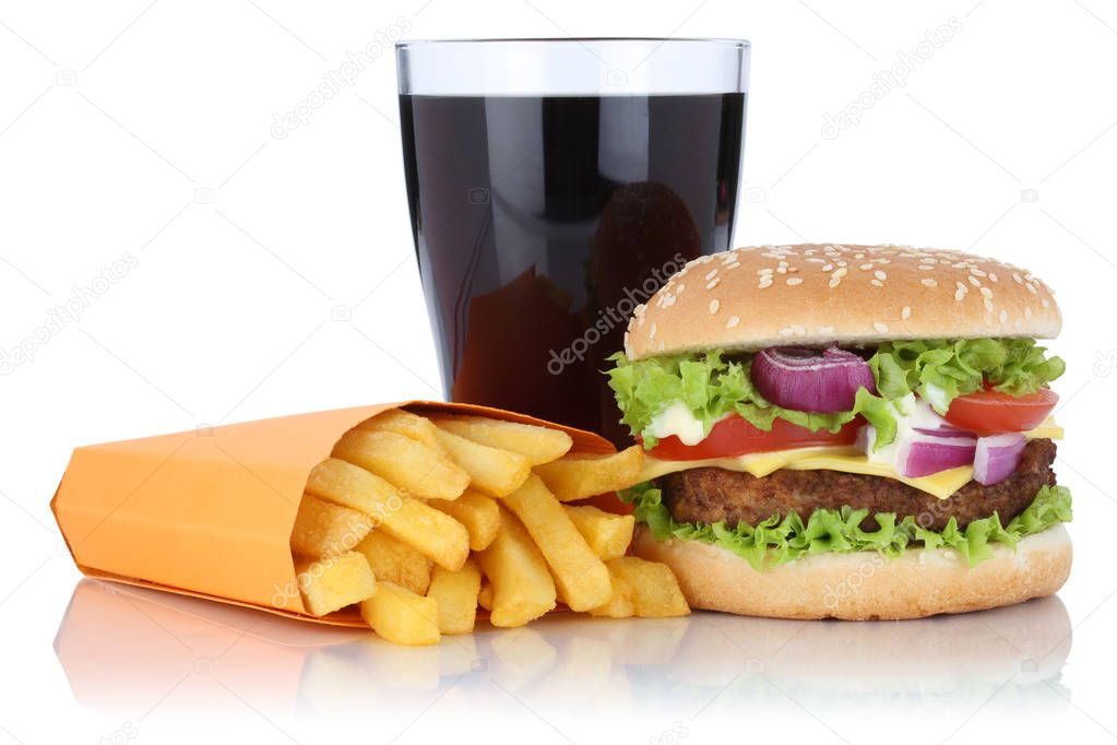 Cheeseburger hamburger and fries menu meal combo cola drink isol