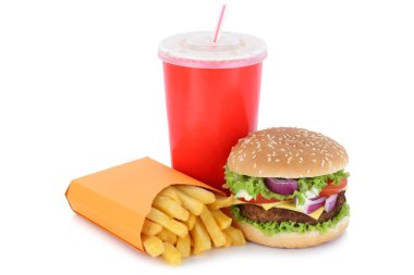 İzole çizburger hamburger ve patates menü yemek içecek