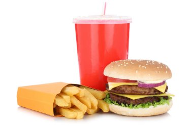 Çift peynirli burger hamburger ve patates menü yemek açılan içecektir