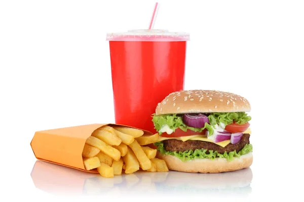 Cheeseburger hambúrguer e batatas fritas menu refeição combo fast food drink — Fotografia de Stock