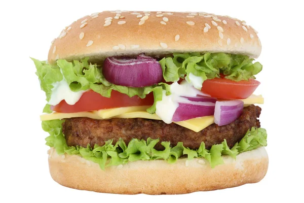 Ostburgare hamburgare burger tomater sallad ost isolerade — Stockfoto