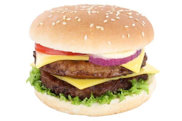 Double cheeseburger hamburger tomatoes lettuce cheese isolated — Stock Photo, Image