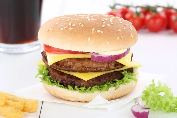 Double cheeseburger hamburger menu meal combo drink — Stock Photo, Image