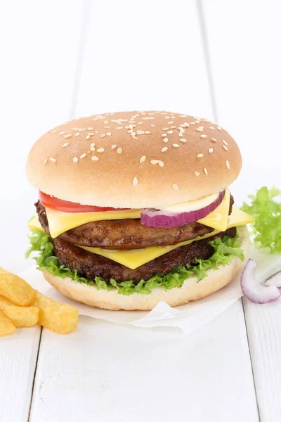 Dwukrotnie cheeseburger hamburger lato kopia przestrzeń wołowiny pomidorów — Zdjęcie stockowe