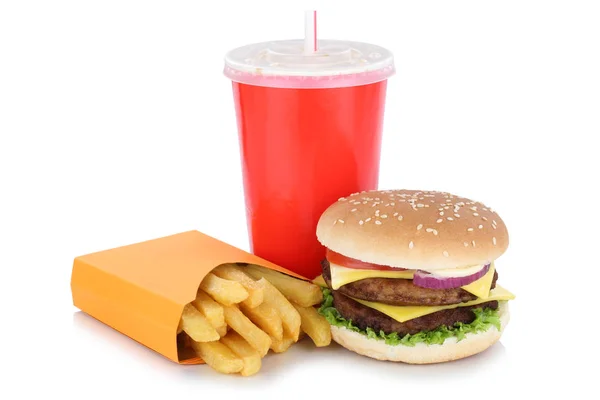 Double cheeseburger hamburger and fries menu meal drink isolated — Stock Photo, Image