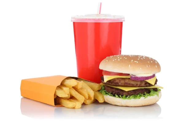Dobbel cheeseburger-hamburger og pommes frites-menymåltid, kombinert med rask foo – stockfoto