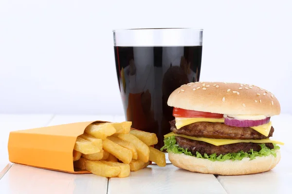 Double cheeseburger hamburger and fries menu meal combo cola dri — Stock Photo, Image
