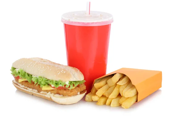 Kikenburger kylling hamburger og pommes frites meny-drikk – stockfoto
