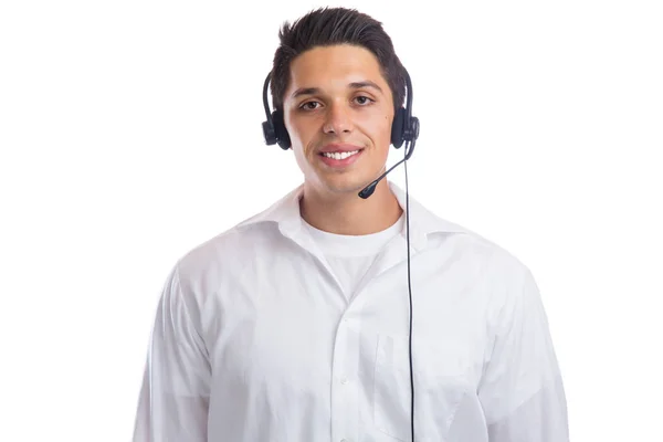 Jonge man met hoofdtelefoon telefoon telefoon call center agent portrai — Stockfoto