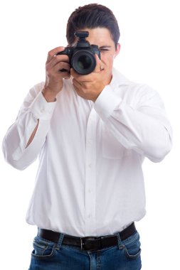 Fotoğrafçı genç stajyer fotoğraf fotoğraflar kamera occupa ile