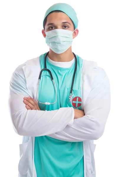 Νέος γιατρός πορτρέτο με πρόσωπο μάσκα κατοχής δουλειά γιατρού ΟΒΕ — Φωτογραφία Αρχείου