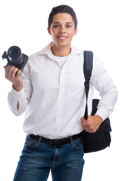 Fotógrafo joven fotografía fotos cámara bolsa ocupación hobb —  Fotos de Stock