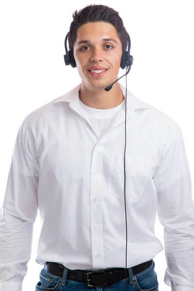 Joven hombre con auriculares teléfono centro de llamadas agente busines —  Fotos de Stock