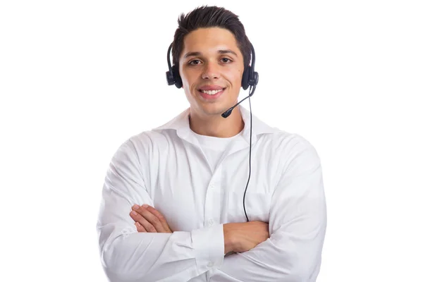 Homem fone de ouvido telefone call center agente retrato negócio — Fotografia de Stock