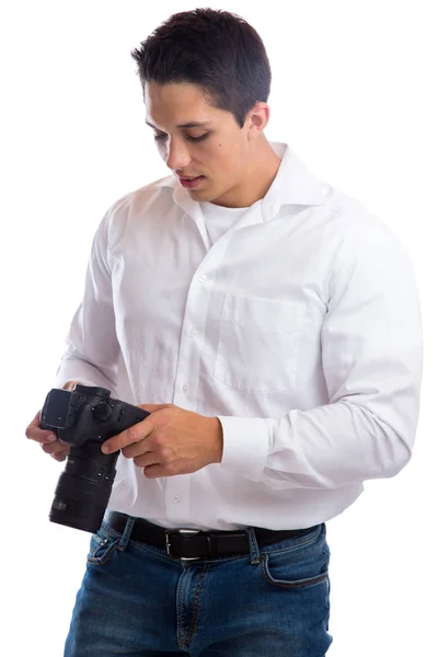 Photographer looking at photos photography camera occupation hob Stock Image