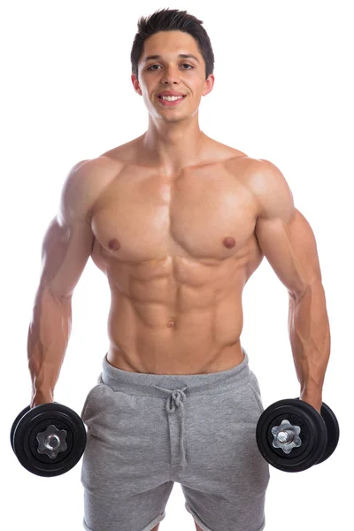 Bodybuilder bodybuilding muskler starka muskulösa ung man smili — Stockfoto