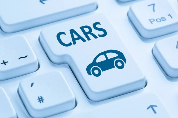 Venta de coches de compra en línea botón azul teclado del ordenador —  Fotos de Stock