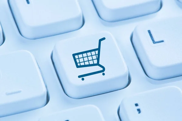 Online vásárlás, e-kereskedelem e-kereskedelmi internet üzlet koncepció kék — Stock Fotó