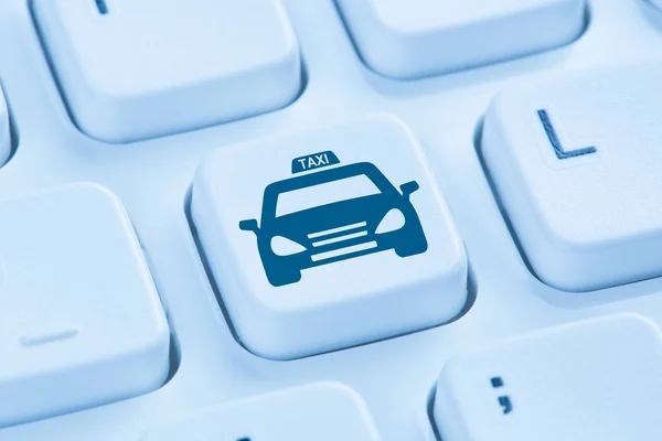 Dokonać rezerwacji taksówką kabiny online internet rezerwacji klawiatury komputera niebieski — Zdjęcie stockowe
