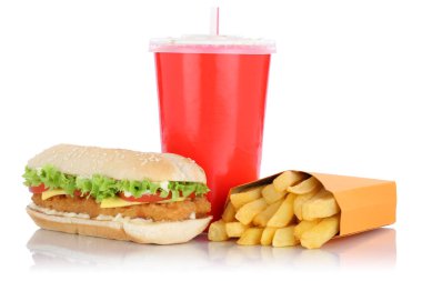 İzole Chickenburger tavuk burger ve kızarmış patates menü yemek içecek