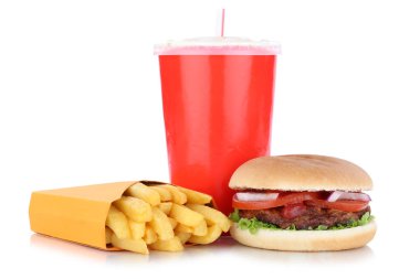 İzole hamburger ve patates menü yemek açılan içki