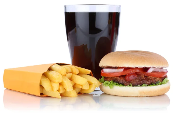 Hamburguesa y papas fritas menú comida combo bebida cola aislado — Foto de Stock